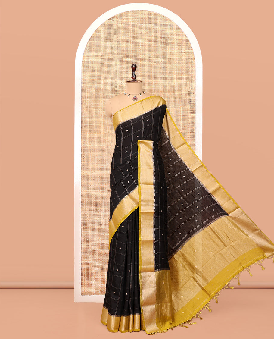 Black Assam Silk Saree, Gracefully Embellished with Zari Butta Enclosed Checks, Complemented by Contrast Traditional Zari Border, Striped Pallu, and a Contrast Blouse