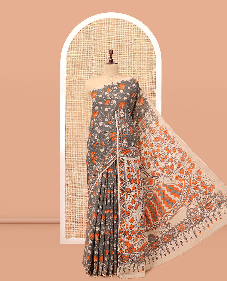 Grey Kalamkari Cotton Saree, Decked Up with Floral Vine Print, Complemented By Printed Border, Pallu of Kalamkari Ancient Human Motifs, and a Contrast Blouse