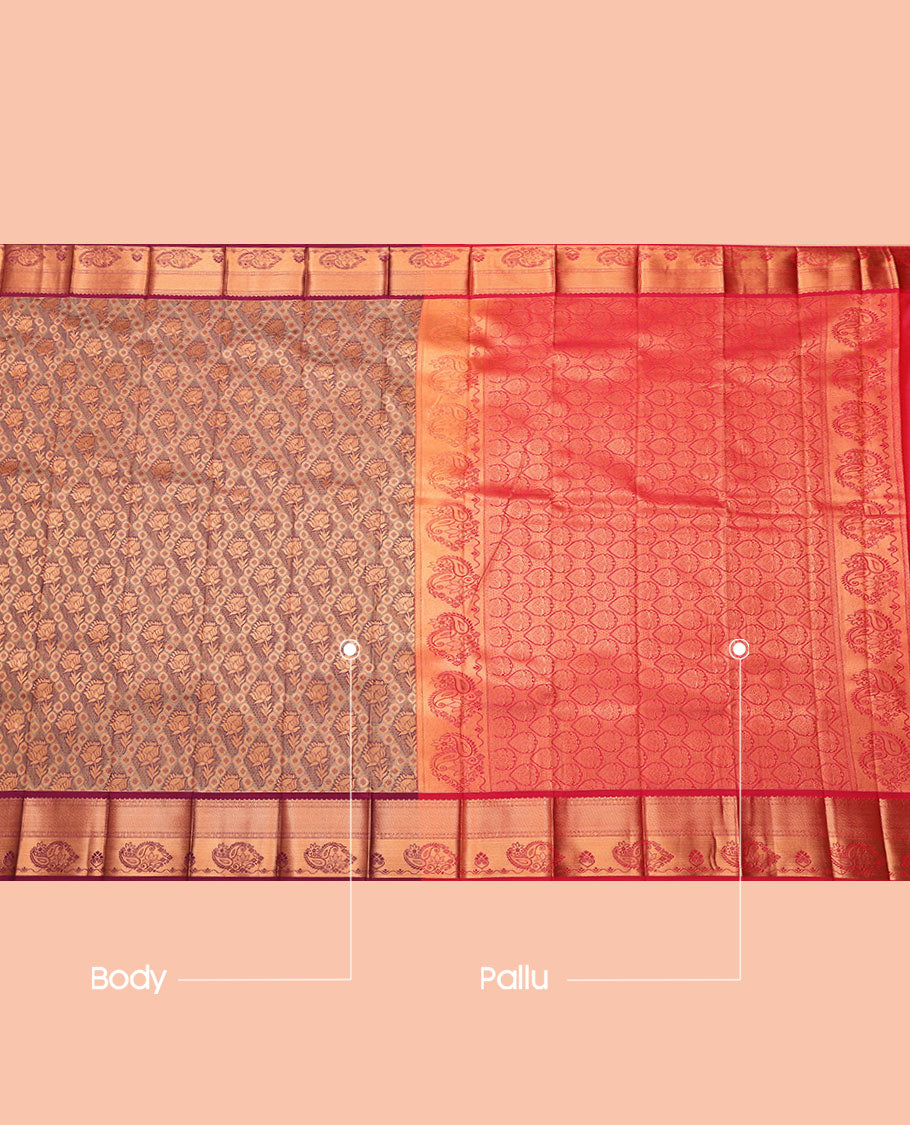 Grey Budget Silk Saree, Enthralled with Jacquard, Complemented by Contrast Traditional Zari Border, Intricate Pallu, and a Contrast Blouse