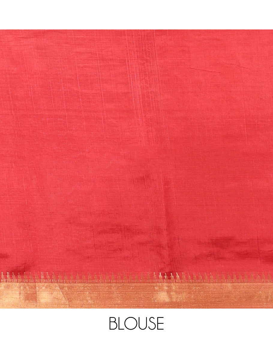 Red Banana Pith Saree, Spotlighted with Buttas, a Zari Temple Border, Striped Pallu, and Matching Blouse