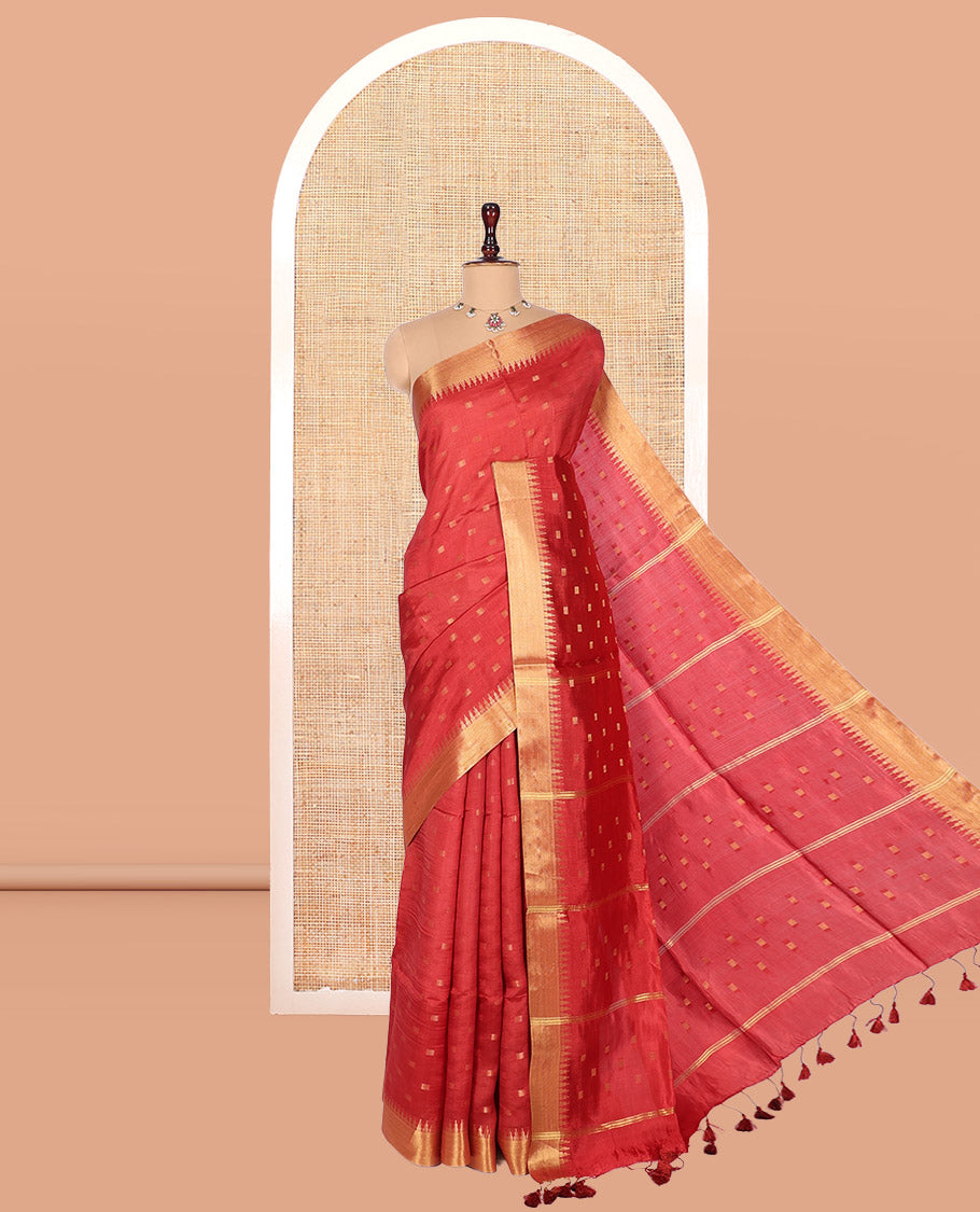 Red Banana Pith Saree, Spotlighted with Buttas, a Zari Temple Border, Striped Pallu, and Matching Blouse