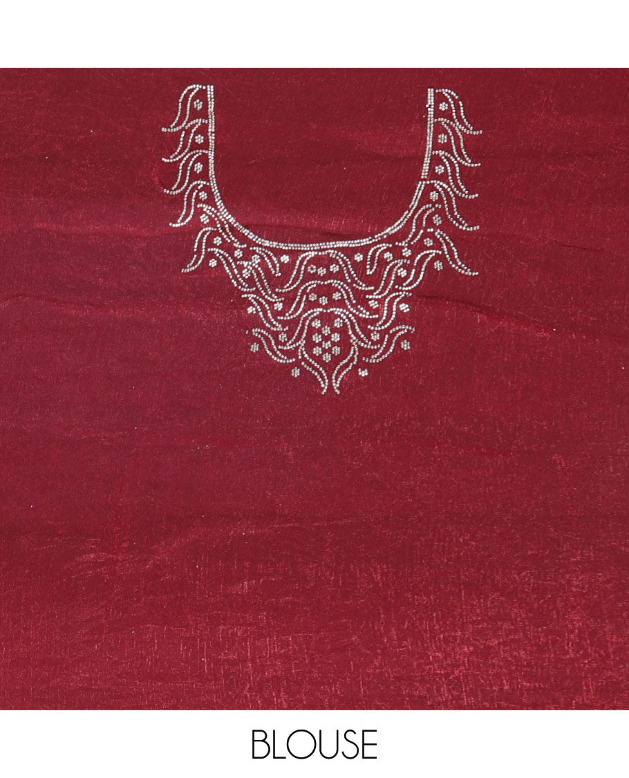 Wine plain fendy chiffon saree, scallop micro stone border, intricate stone work pallu, and a matching micro-stone blouse