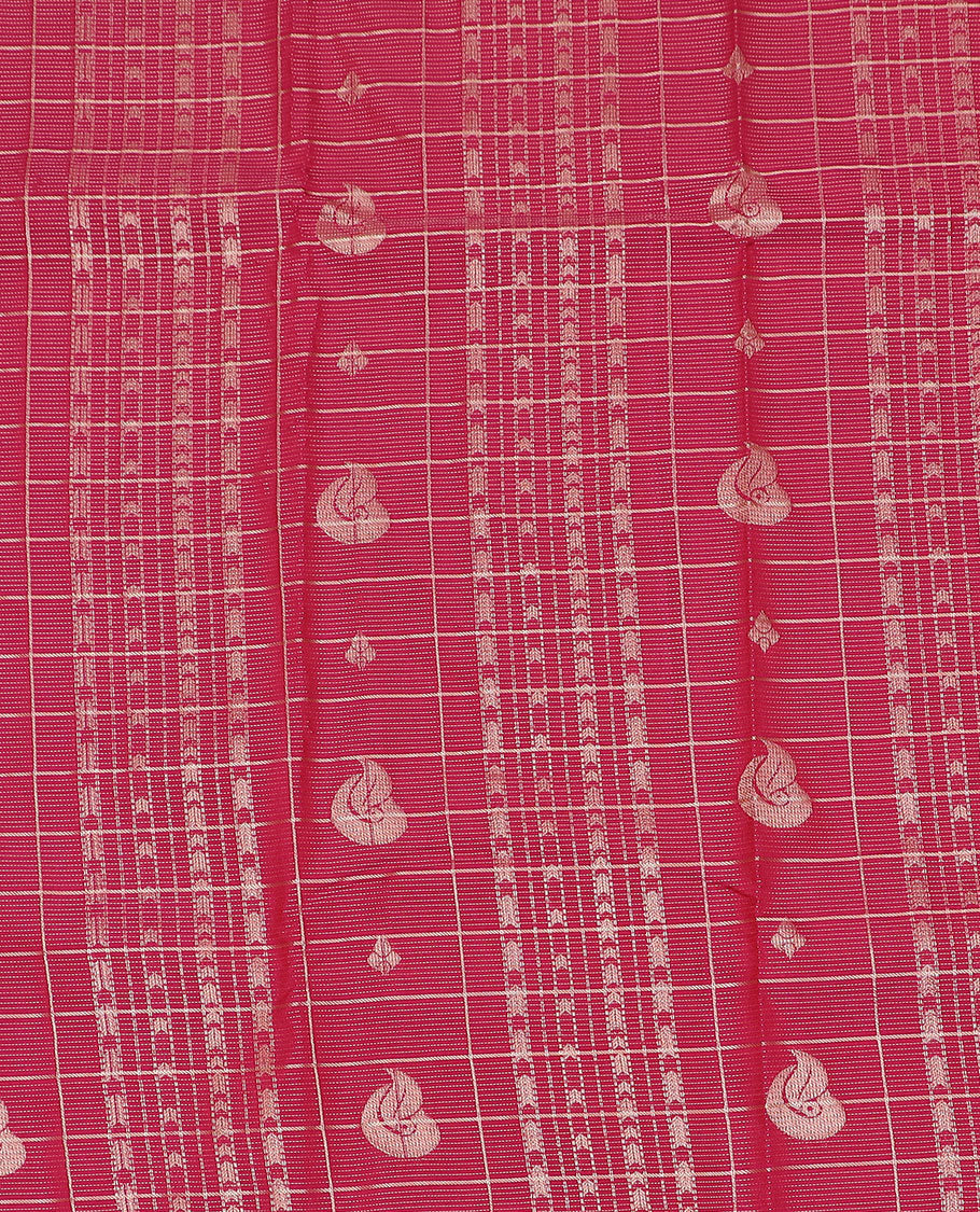 Red art silk pavadai material set, zari design pavadai with contrast blouse & traditional zari rettai pettu border