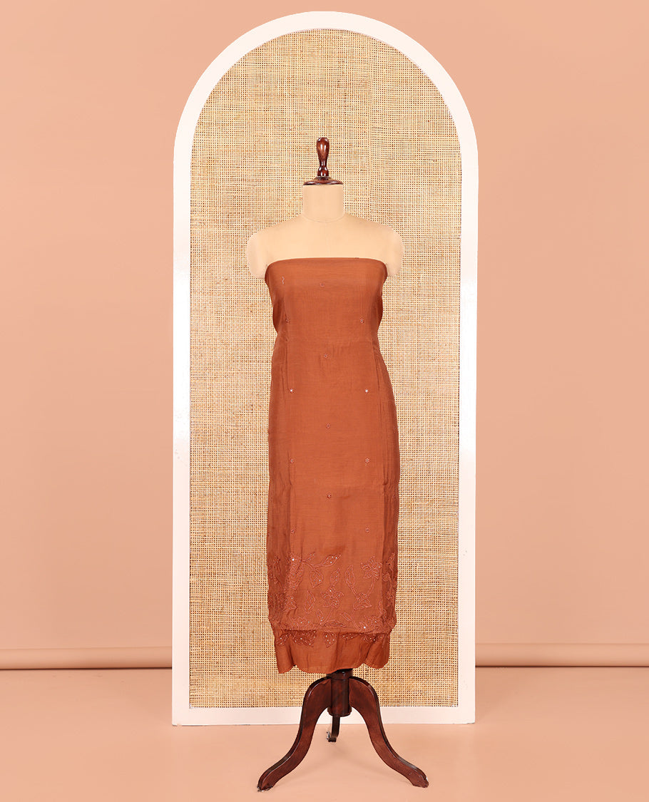 Rust Mul Chanderi Material Chudidar Set, Floral Embroidered Top, Plain Santoon Bottom, and Scallop Embroidered Dupatta