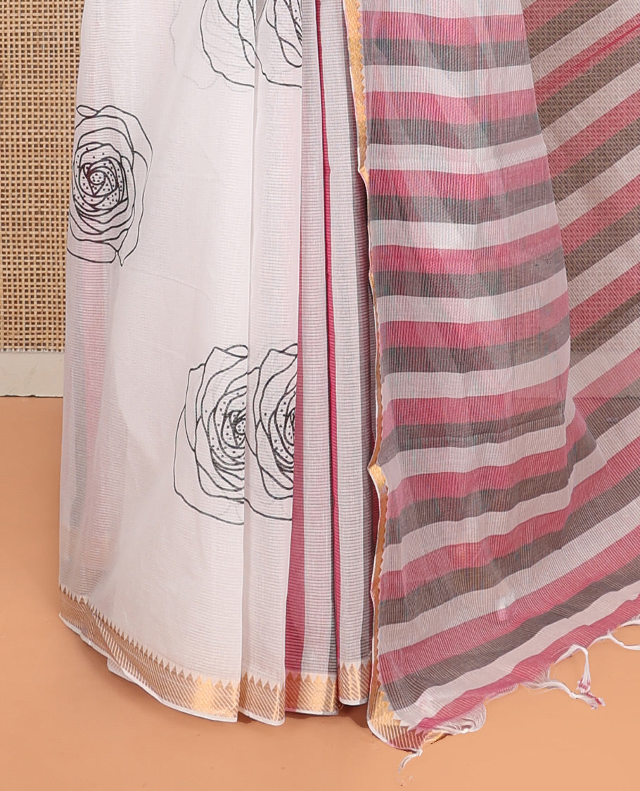 White Striped Andhra Cotton Saree, Beautifully Bedecked with Floral Motifs Print, Highlighted by a Temple Zari Border, Contrast Striped Pallu, and a Contrast Blouse