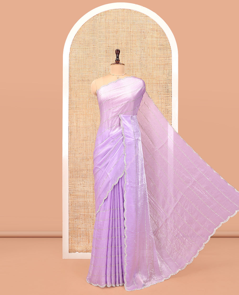 Lavender Designer Saree, Beautified with Stone Lines All Over Its Body, Highlighted by Scallop Stone Work Border, and Paired with a Matching Blouse