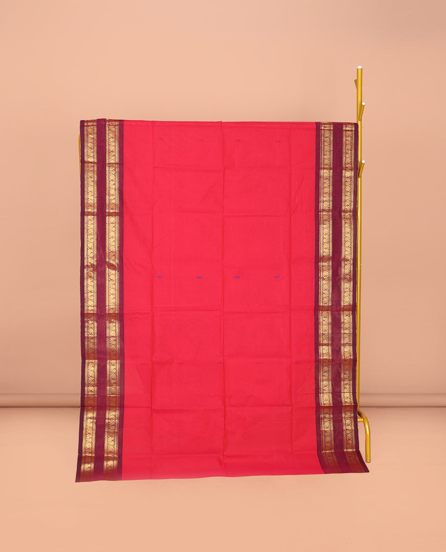 Red Plain Chettinad Cotton Saree, Sparsely Woven with Buttas All Over Its Body, Complemented by Contrast Traditional Design Rettai Pettu Border, Striped Pallu, and Paired with Matching Blouse