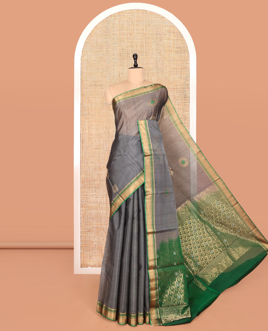Grey Silk Cotton Saree, Decorated with Zari Buttas, Complemented by Contrast Zari Border, a Pallu of Geometric Designs, and Contrast Blouse