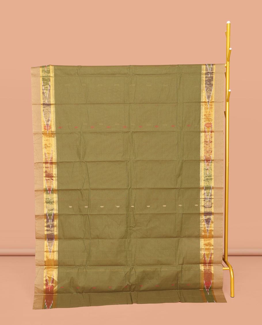 Green Kanchi Cotton Saree, Subtly Threaded with Buttas All Over Its Body, Complemented by Contrast Ikkat Border, Pallu of Paisley Designs, and Paired with a Matching Blouse