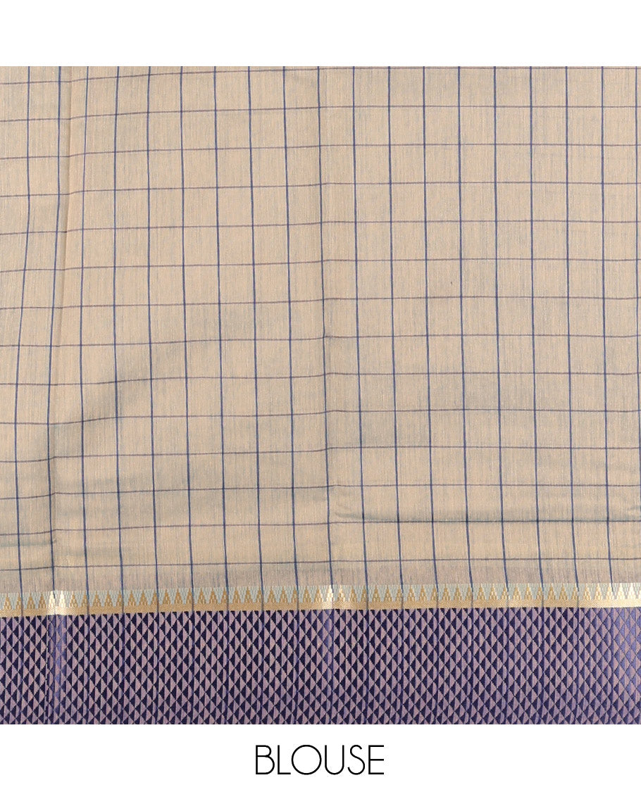 Grey Checked Mercerised Cotton Saree, Contrast Temple Ara Maadam Border, Striped Pallu, and Matching Blouse