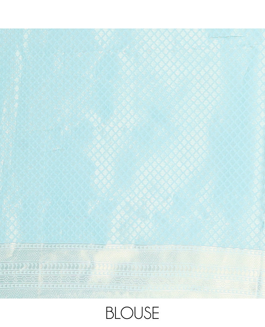Peacock Blue Litchi Saree, Elevated with Vaira Oosi Stripes and Zari Buttas on Its Body, Complemented by a Contrast Rettai Pettu Traditional Zari Design Border, an Intricately Designed Pallu, and Paired with a Contrast Blouse