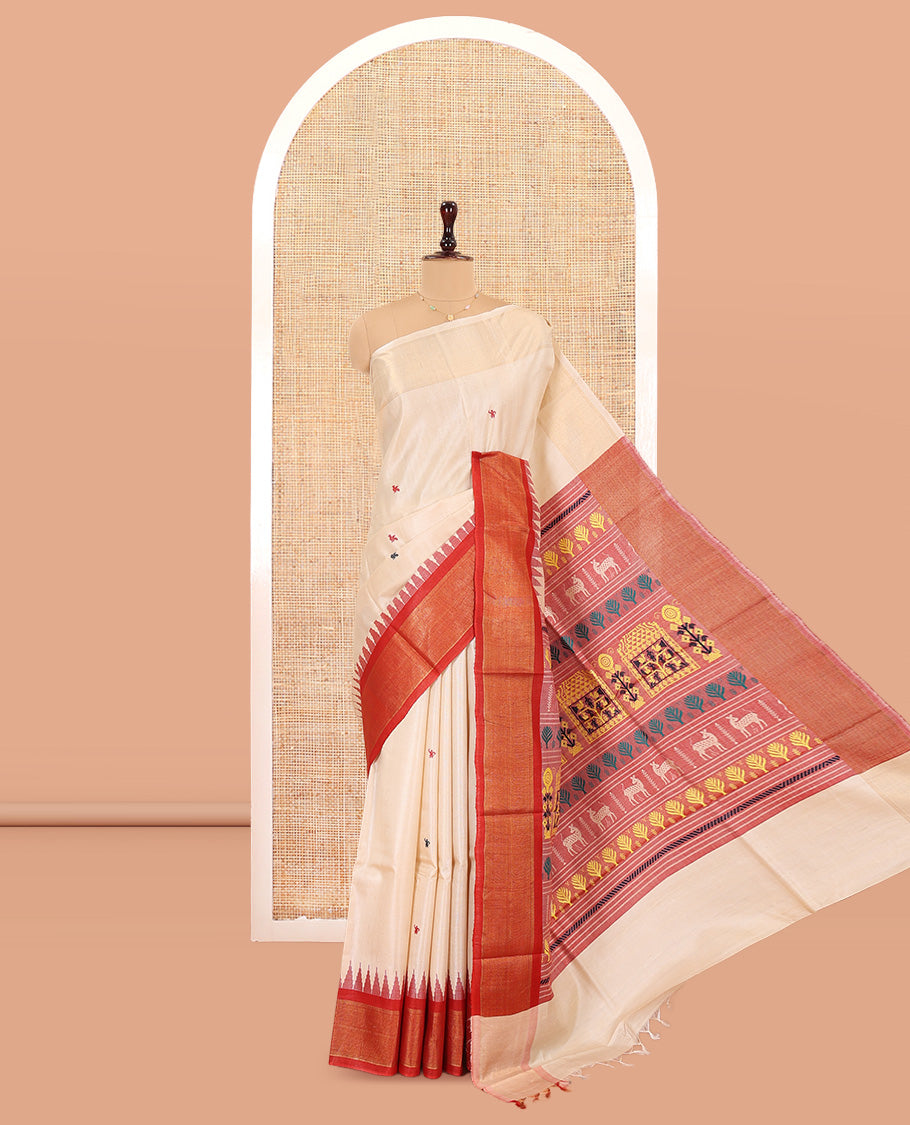 Sandal Tussar Saree, Finely Crafted with Warli Buttas, a Contrast Temple Border, Warli-Themed Thread-Woven Pallu, and a Contrast Blouse
