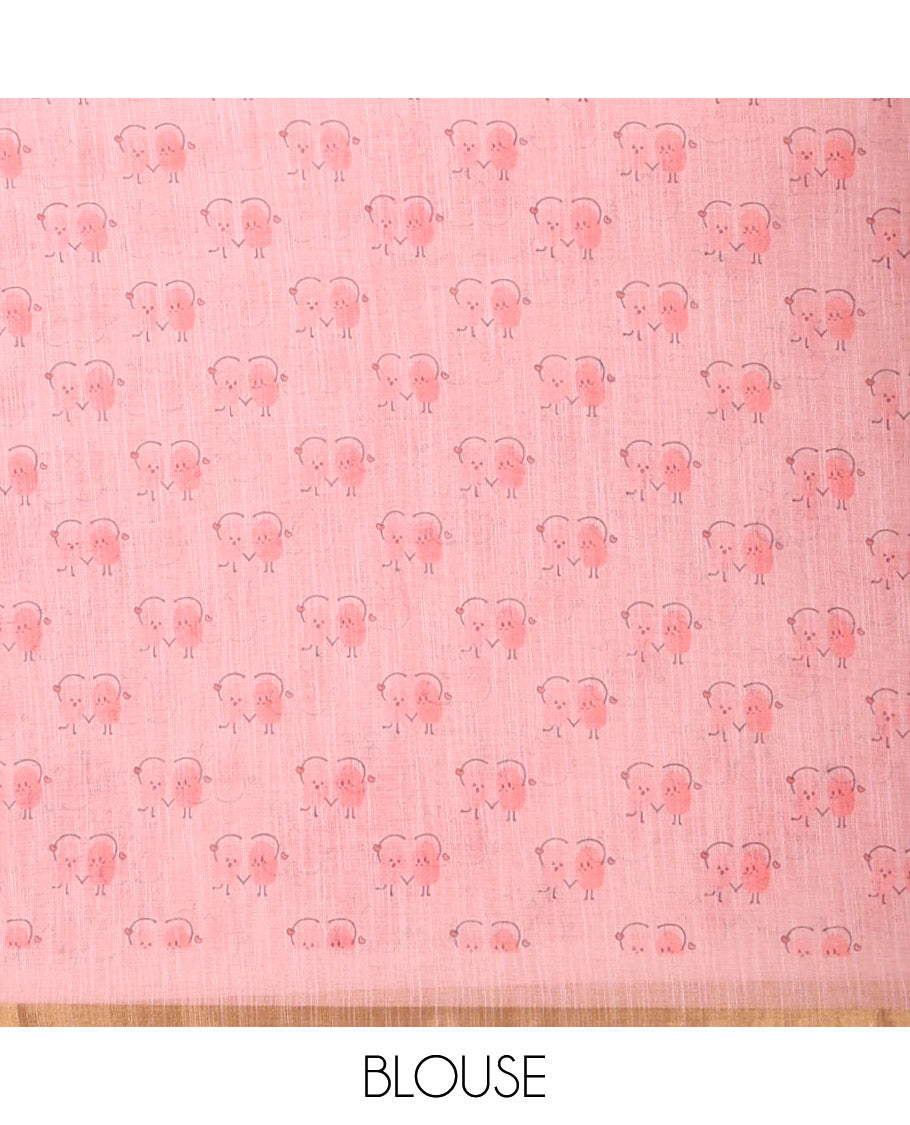 Peach Linen Cotton Saree, Creatively Printed with Thumb Finger Printed Cartoon-Theme Print on Its Body, a Subtle Piping Border, a Self-Printed Pallu, and Paired with a Matching Blouse