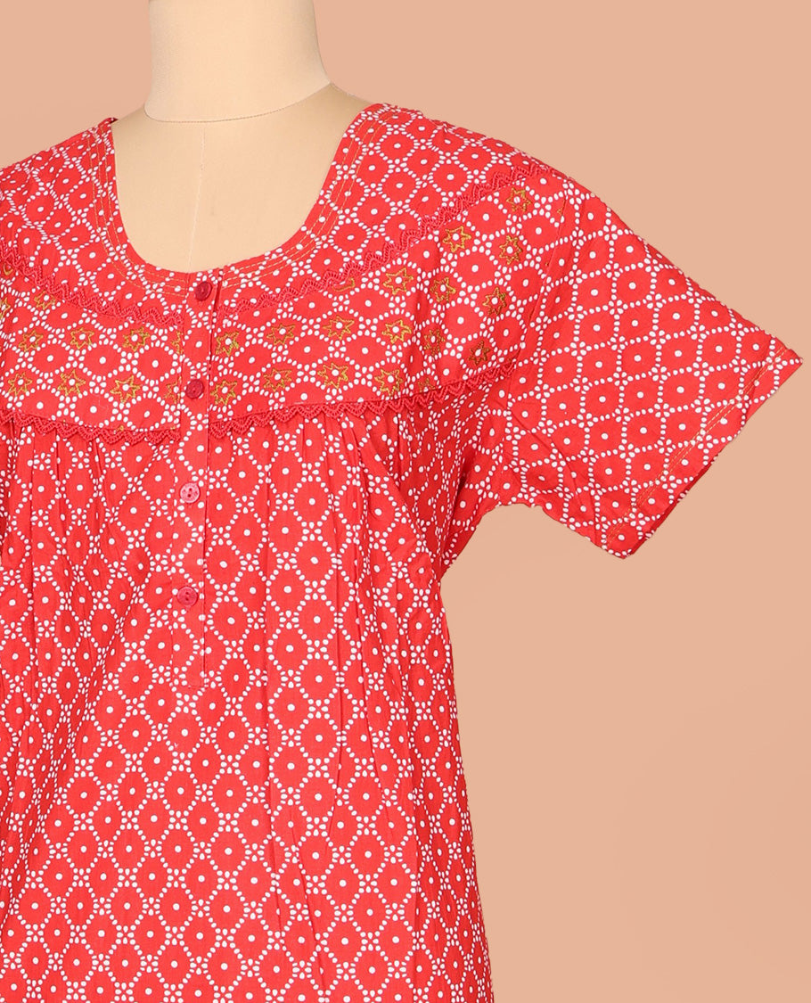 Red Cotton Nighty Decked Up with Ogee Patterns Print, Featuring Lace Work, Round Front Neck, and Half Sleeves