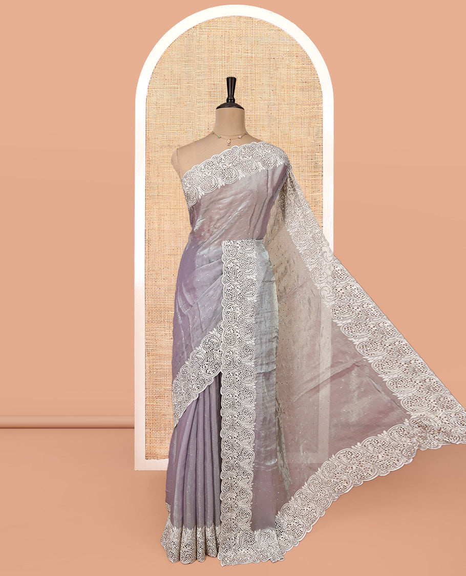 Grey Designer Saree, Crafted with Stone Work All Over Its Body, a Scallop Cut-Embroidered Border, and Matching Blouse