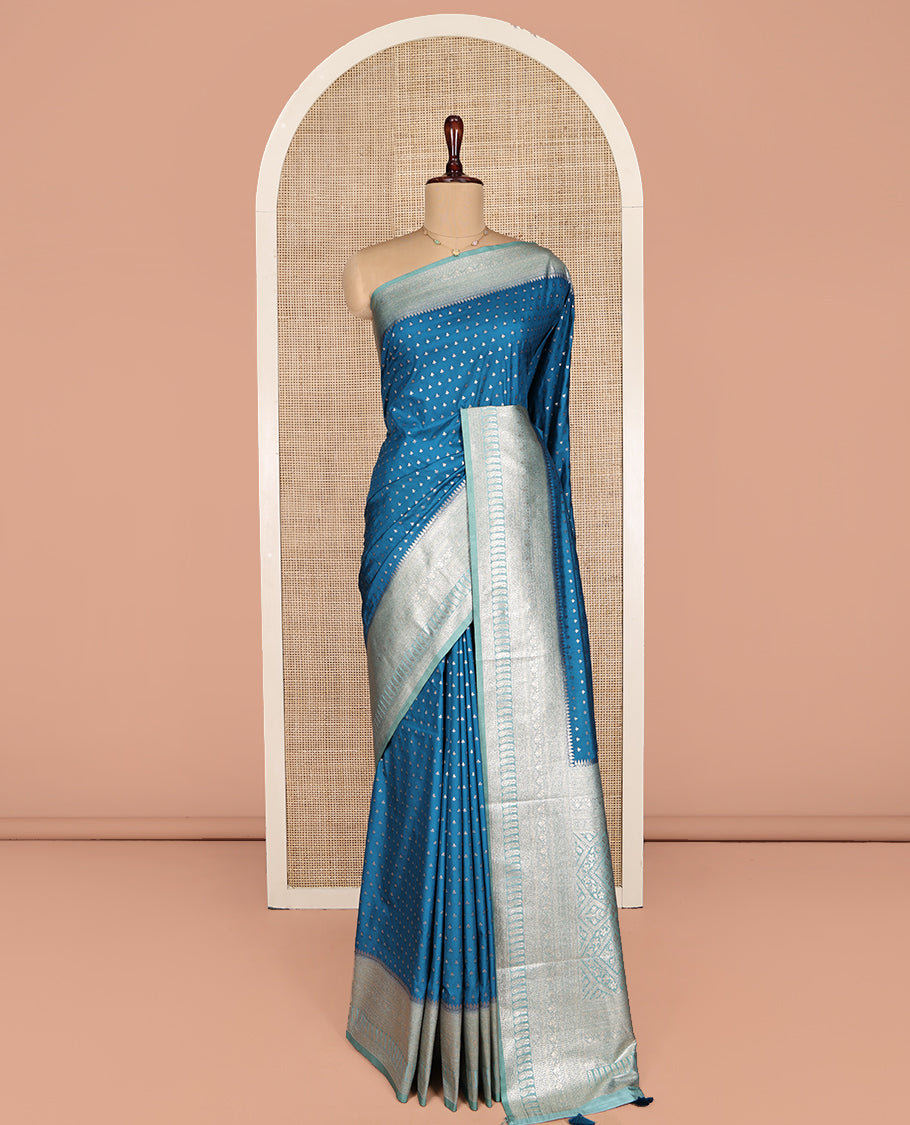 Blue Dupion Silk Saree, Embellished with Zari Buttas, Complemented by a Contrast Traditional Zari Design Border, Intricately Designed Pallu, and a Contrast Blouse