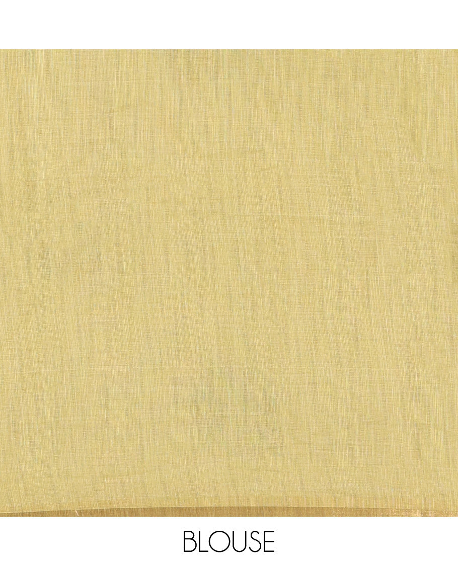 Cream-Green Linen Cotton Saree Features a Half-And-Half-Style Floral Butta and Mirror Work, a Piping Border, a Contrast Blouse