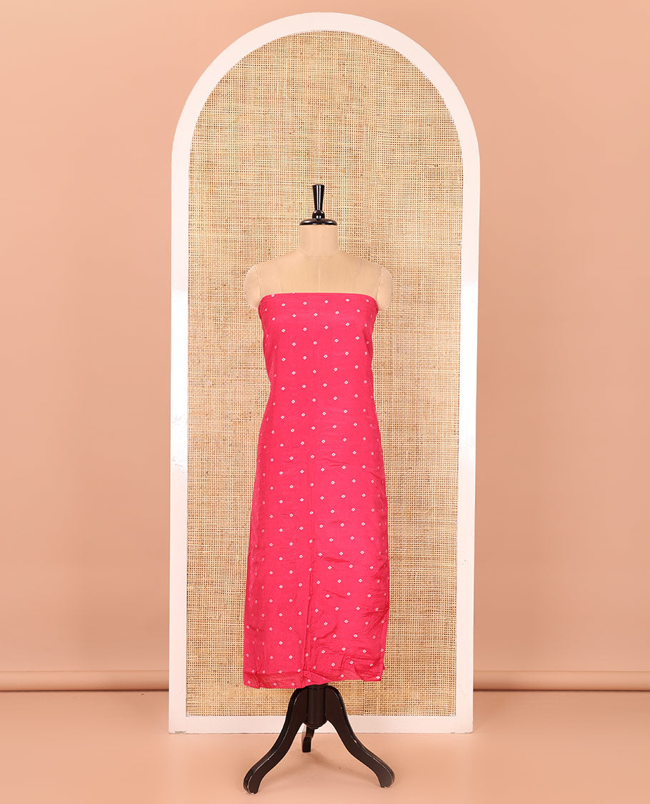 Pink and Red Semi-Silk Material Churidar Set, Prettified with Bandhani Dots Print, Comes with a Plain Santoon Bottom, and Paired with a Double-Colored Dupatta of Bandhani Dots Print