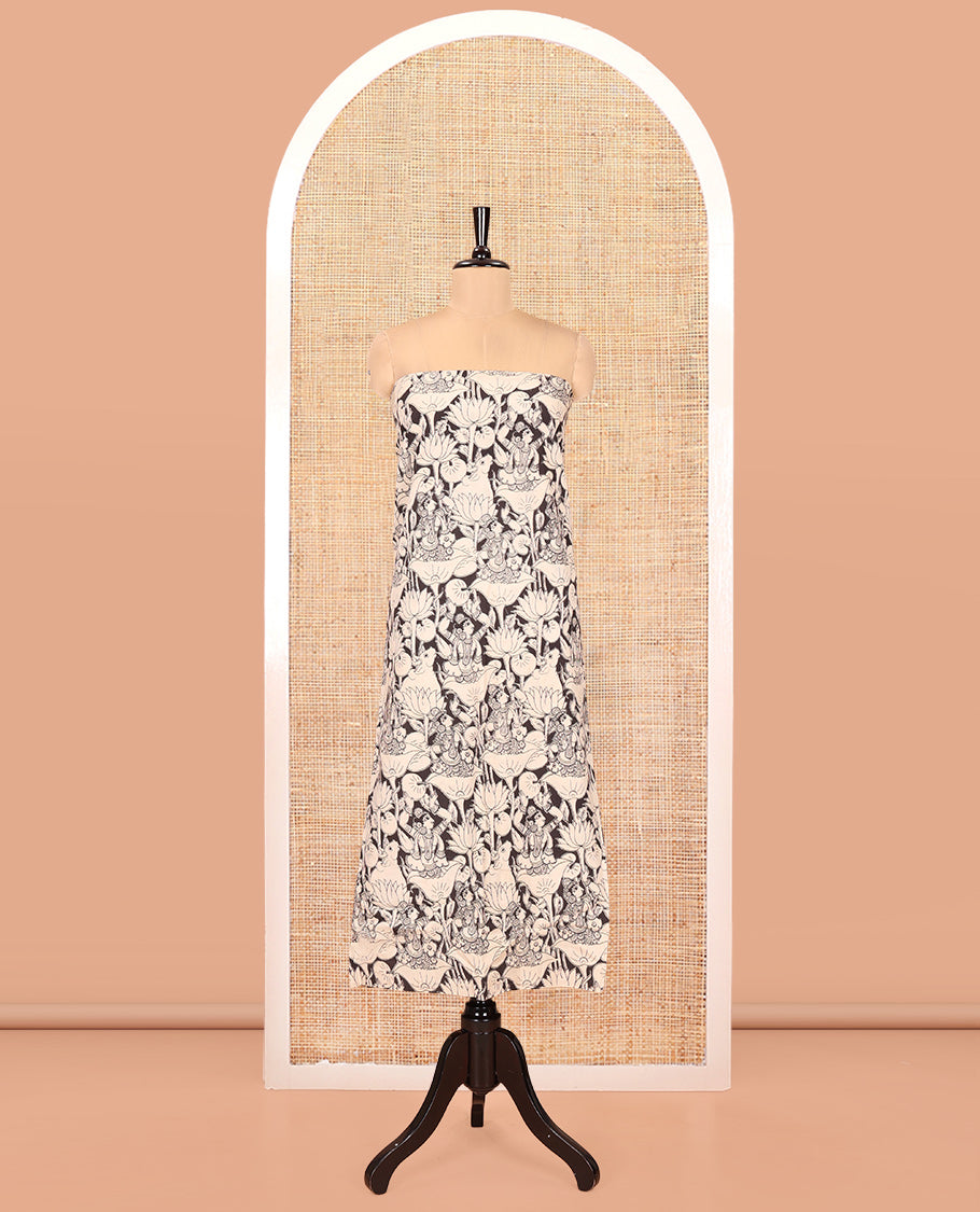 Chiku-Black Cotton Material Churidar Features Kalamkari-Pichwai Printed Top, Contrast Bottom, and Contrast Dupatta