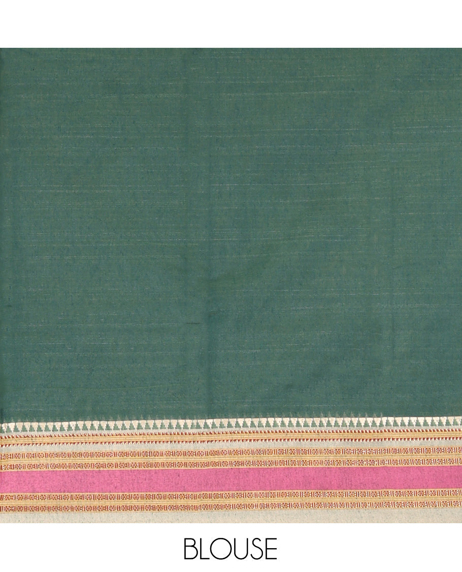 Green Plain Mercerised Cotton Saree, Complemented by Contrast Traditional Border, Striped Pallu, and a Matching Blouse