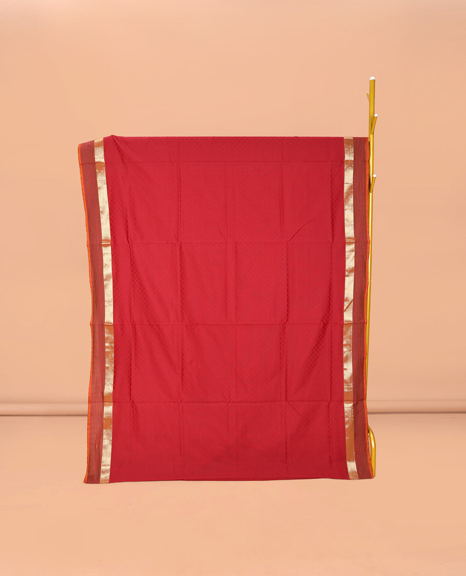 Red Poly Cotton Saree, Sparsely Sparkled with Checks, Complemented by a Contrast Traditional Zari Border, Contrast Striped Pallu, and Paired with a Contrast Blouse
