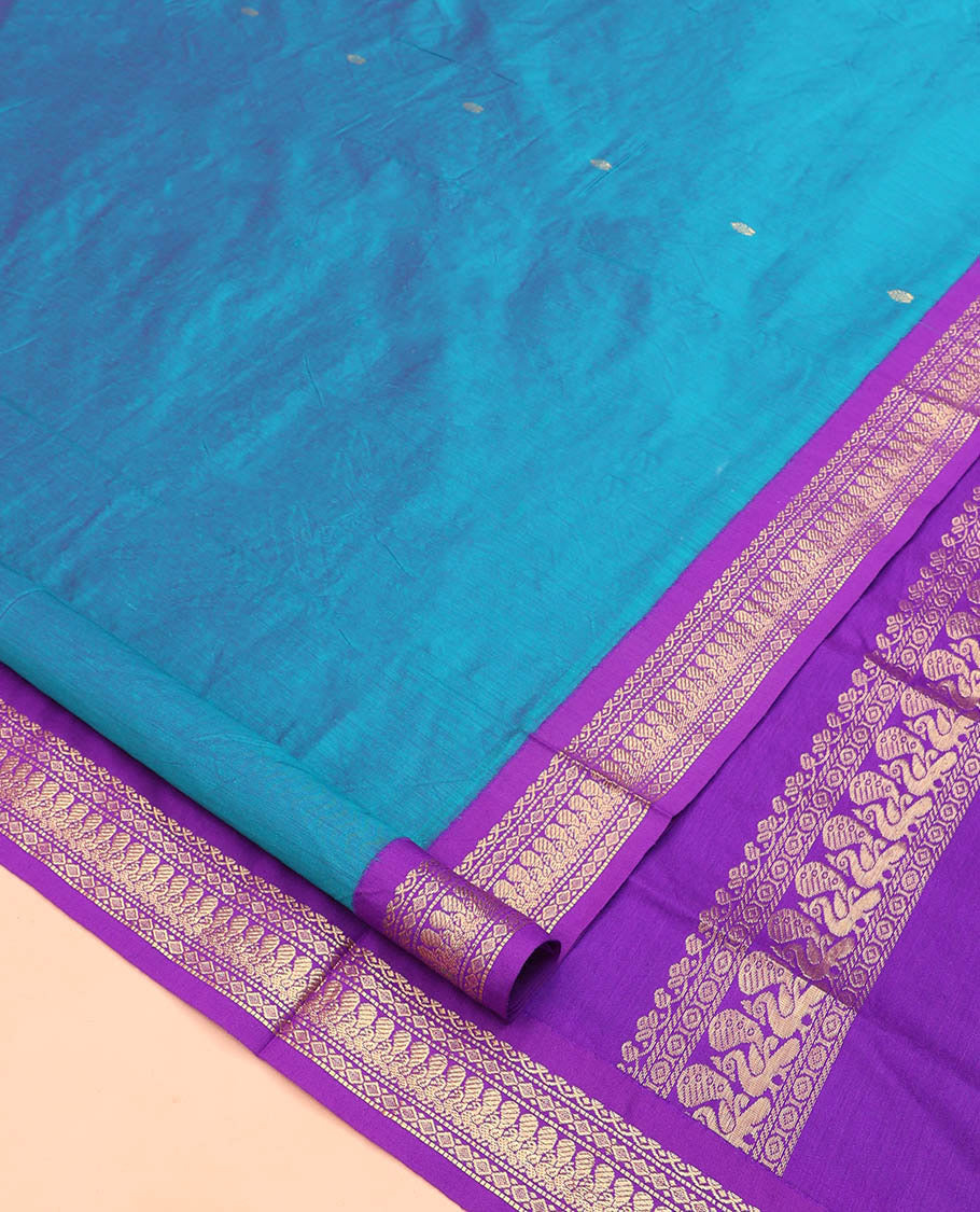 Blue Nine Yard Cotton Saree, Adorned with Buttas On Its Body, Complemented by Contrast Traditional Zari Motifs Border, Pallu of Traditional Designs, and Comes Without a Blouse