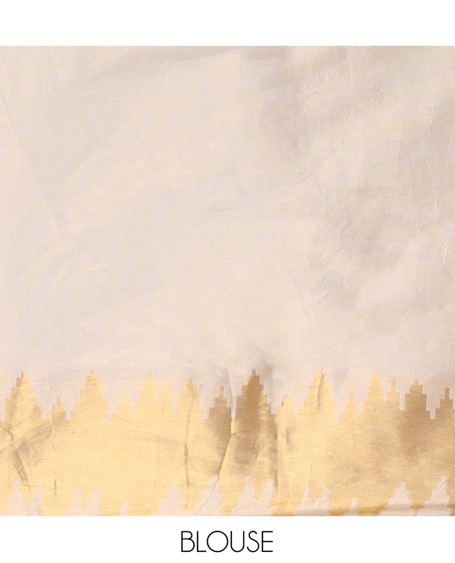 Gold Plain Tissue Silk Saree, Highlighted by Gleaming Zari Temple Border, Grand Pallu, and a Matching Blouse