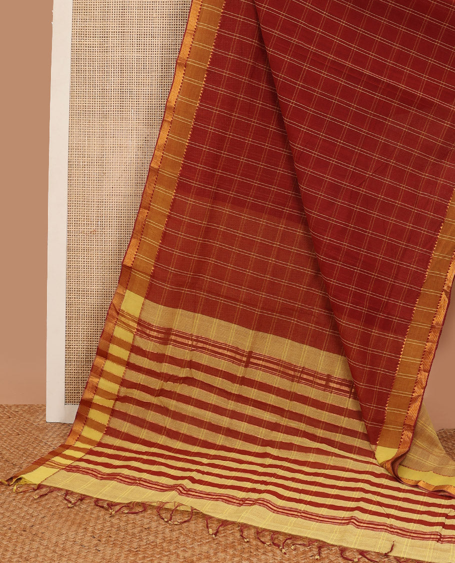 Red checked mangalagiri cotton saree with contrast striped border & checked pallu