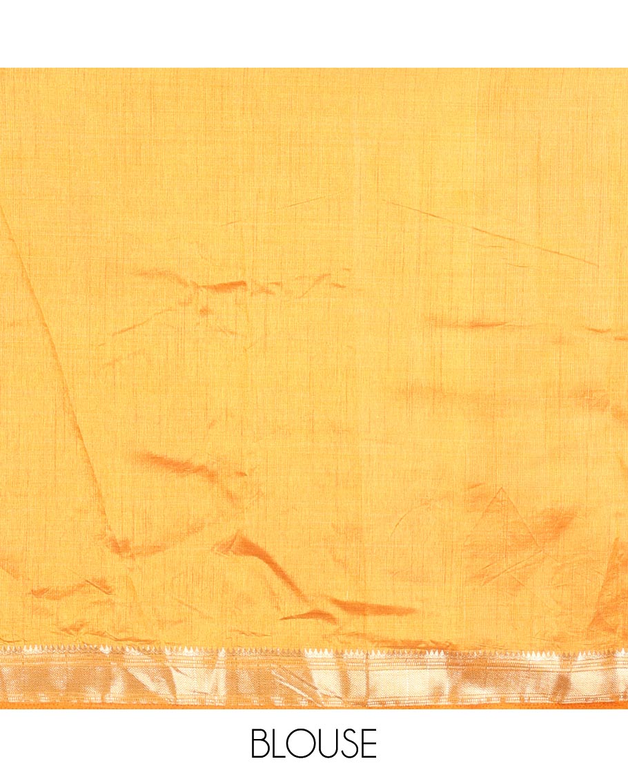 Mustard Semi-Tussar Saree Subtly Sparked with Hexagonal Geometric Patterns Printed All Over Its Body, Featuring Traditional Zari Design Border, Gleaming Zari Striped Pallu, and a Matching Blouse