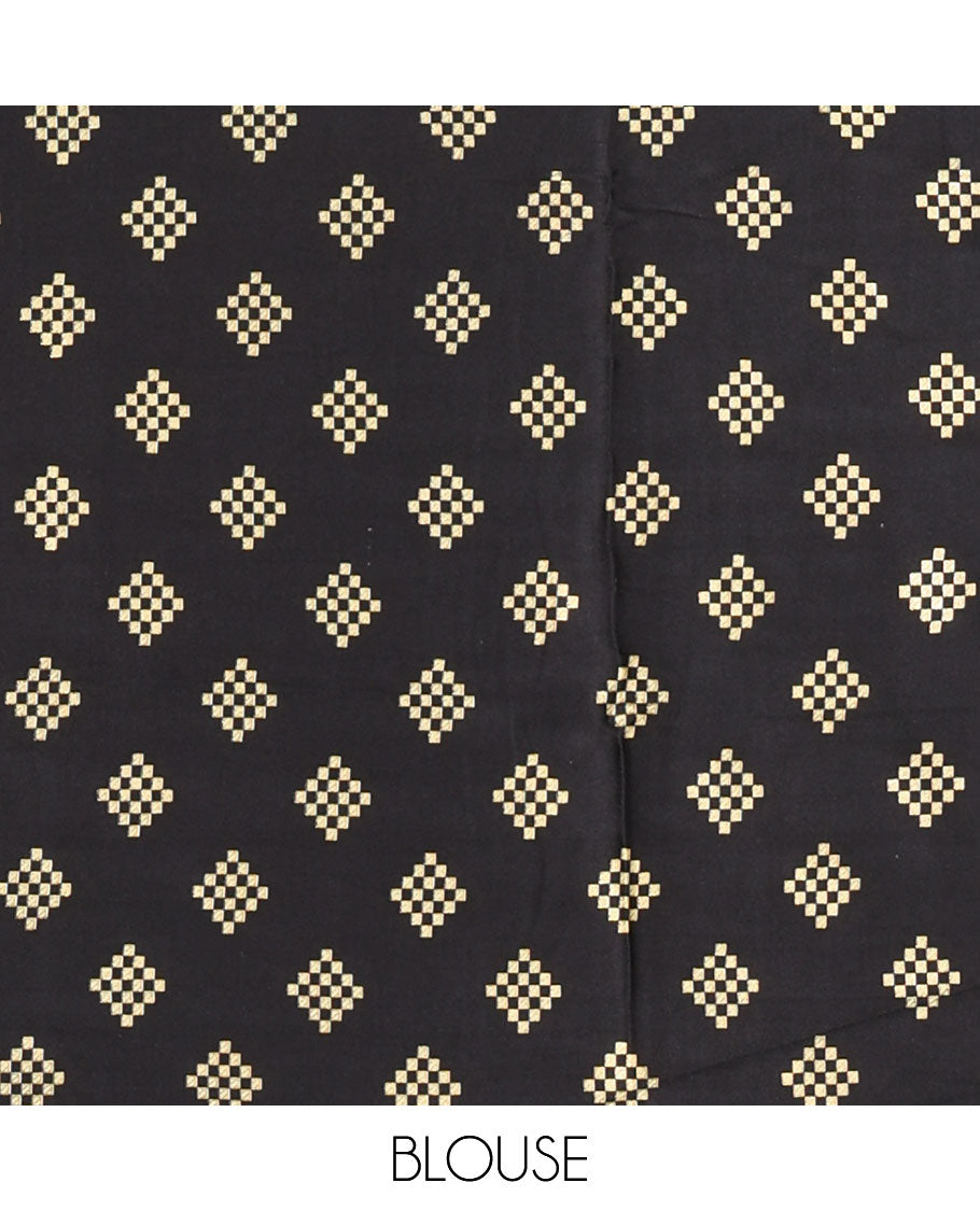 Black and Yellow Satin Crepe Saree, Highlighted with Floral Vine Print All Over Its Body, Complemented by a Contrast Foil Printed Checked Border, Pallu Steeped with Stripes, and Paired with a Matching Blouse