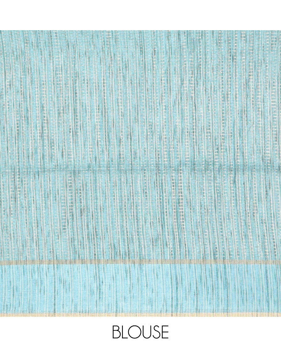 Blue stripes woven fancy tussar saree, small bentex border, contrast dotted striped pallu, and a matching blouse