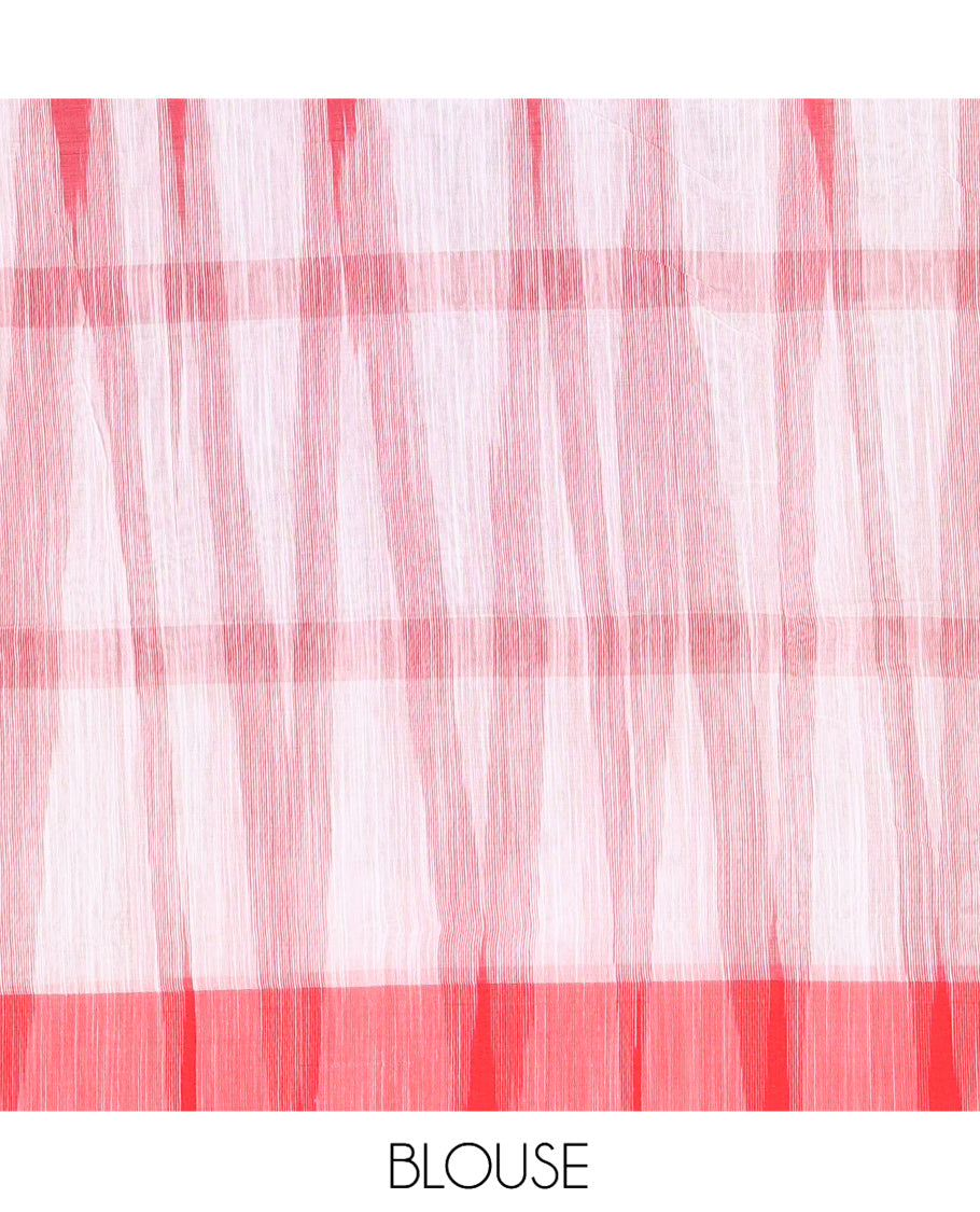 White-Red Khadi Cotton Saree, Woven with Ikat Buttas, Contrast Blouse, Ikat Pallu, Matching Blouse