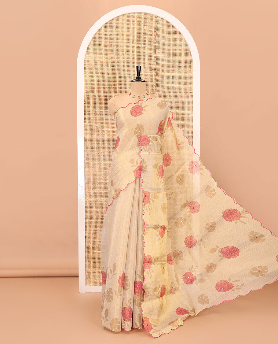 Gold and pink rose motifs printed with mirror work tissue saree, scallop embroidered border, printed pallu, and a contrast blouse