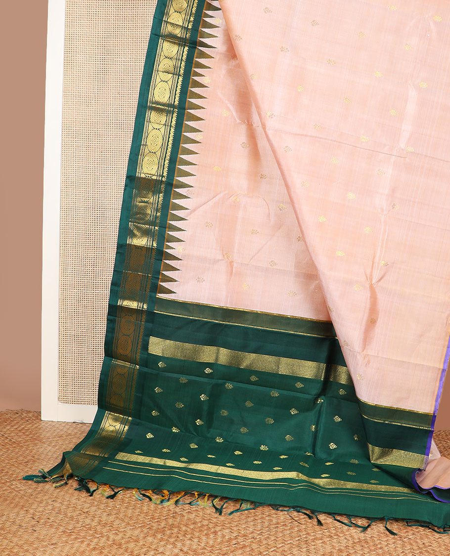 Sandal zari buttas kanchipuram silksaree,contrast one-sided thazampoo rekku border of salngai,muthu,banaras & chakram & zari design pallu