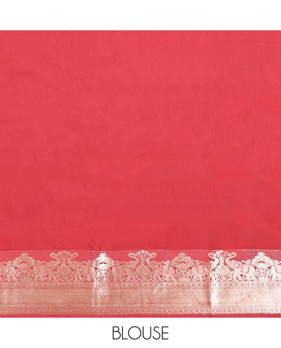 Orange Budget Silk Saree, Detailed with Zari Buttas, Complemented by a Contrast Traditional Border, Pallu of Jaal and Paisleys, and a Contrast Blouse