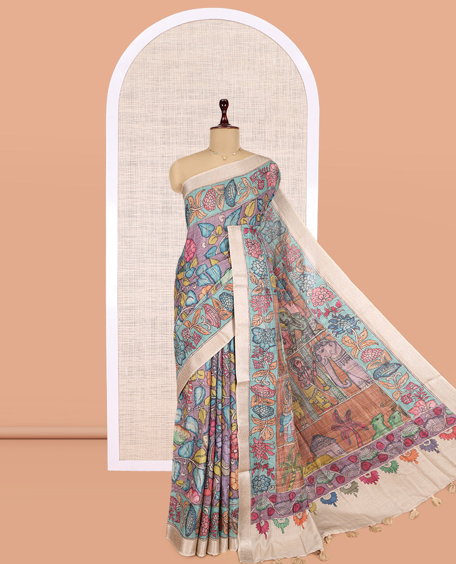 Lavender Kalamkari Printed Fancy Tussar Saree
