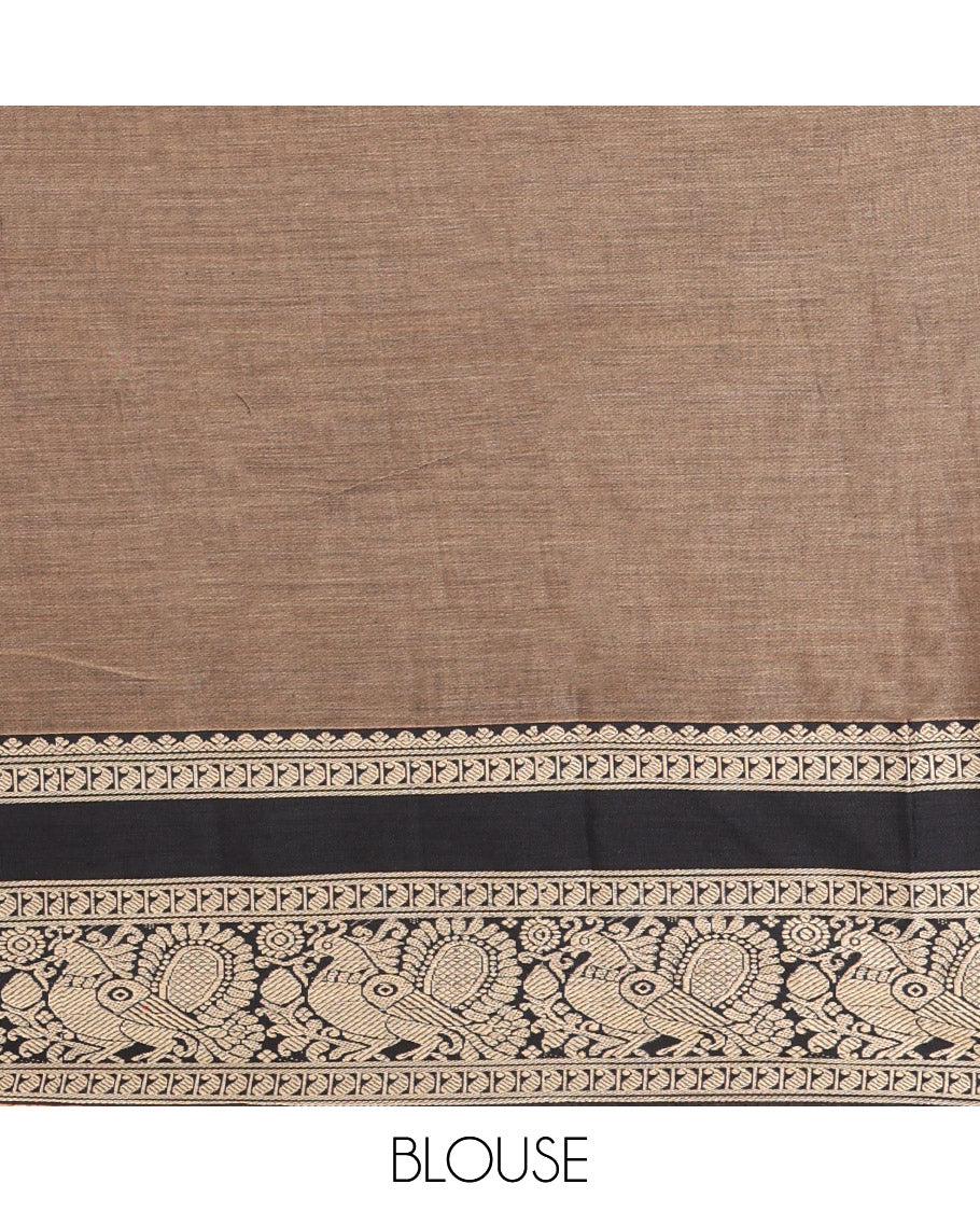 Brown Plain Mercerised Cotton Saree, Complemented by a Contrast Rettai Pettu Border of Paisley, and Peacock Designs, Striped Pallu, and Paired with a Matching Blouse