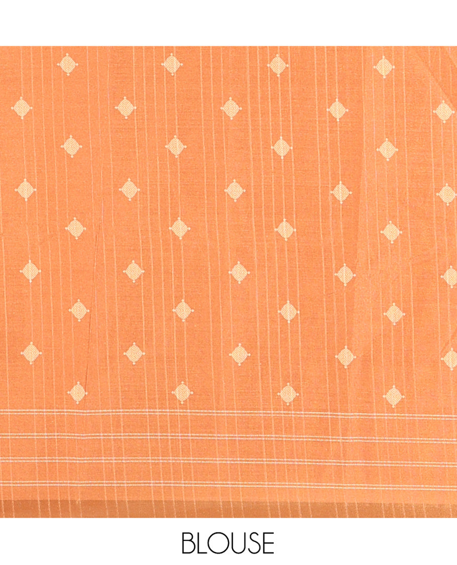 Half-White Katan Silk Saree, Accentuated with Vaira-Oosai-Style Stripes on Its Body, Complemented by a Contrast-Checked Border, Pallu of Jaal Designs, and Paired with a Contrast Blouse