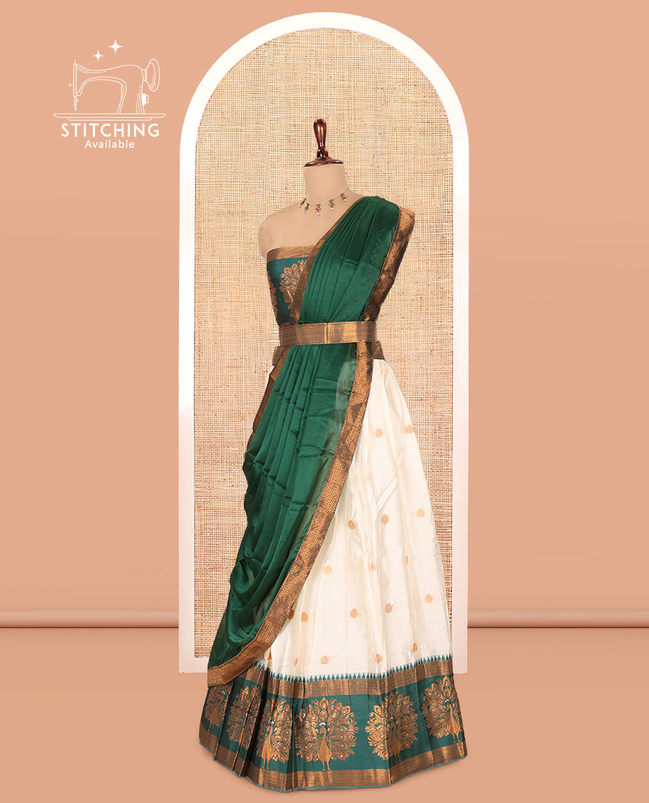Cream-Green Semi-Silk Half-Saree