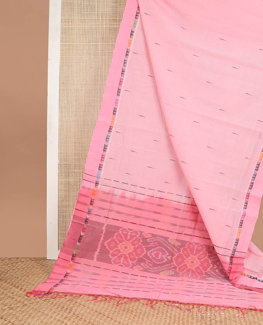 Light pink motifs coimbatore cotton saree with contrast temple border & ikkat style floral design pallu