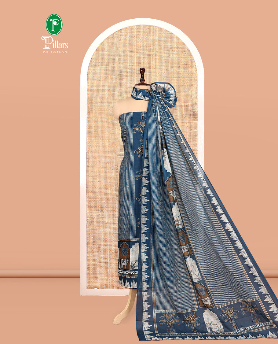 Peacock Blue Cotton Material Churidar, Mughal-Style Printed Top, a Plain Bottom, a Mughal-Style Printed Dupatta