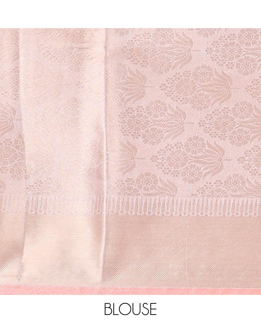Light pink intricate floral design semi tissue saree with self striped border & zari design pallu