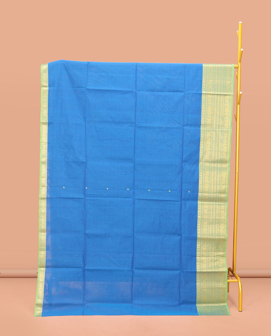 Royal Blue Chettinad Cotton Saree, Crafted with Thread Buttas All Over Its Body, Complemented by a Contrast Traditional Zari Border, Pallu of Buttas and Stripes, and Paired with a Matching Blouse