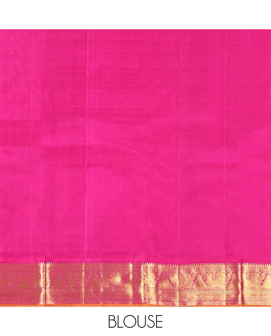 Blue Plain Kanchipuram Silk Saree, Complemented by a Contrast Border of Rekku, Muthu, Mayil Kann, Mayil, Thazampoo Rekku, and Zari Stripes, Pallu of Zari Designs, and Paired with a Contrast Blouse