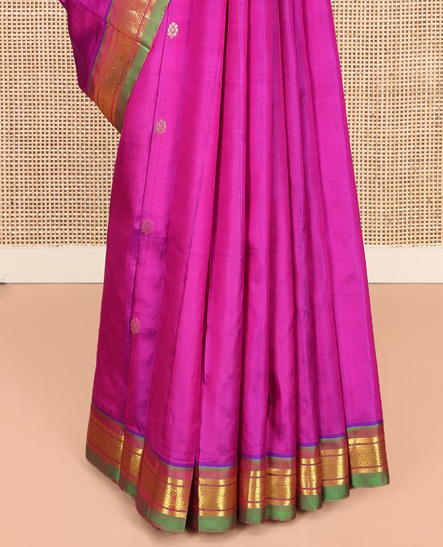 Rani Pink Kanchipuram Silk Saree, Woven with Zari Buttas, Complemented by a Contrast One-Sided Border of Banaras and Jaal Designs, Grand Pallu, and No Blouse