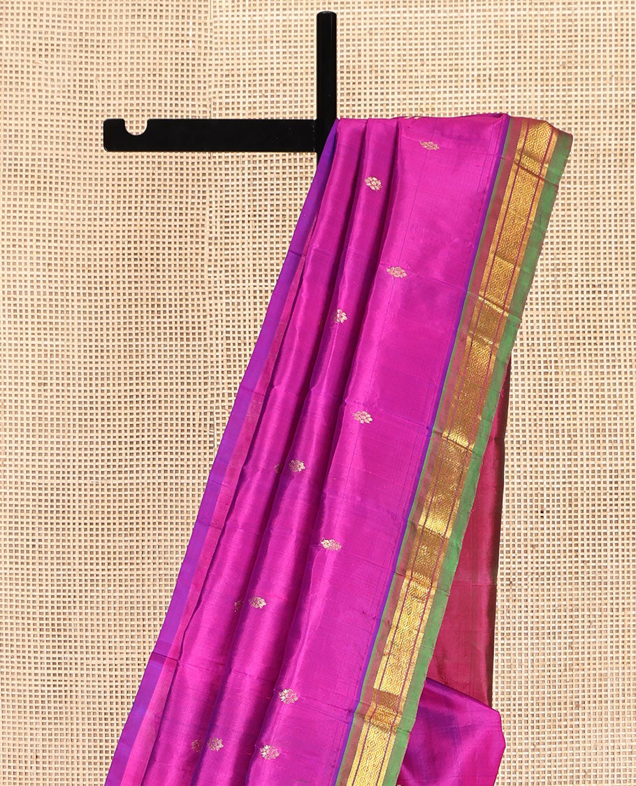 Rani Pink Kanchipuram Silk Saree, Woven with Zari Buttas, Complemented by a Contrast One-Sided Border of Banaras and Jaal Designs, Grand Pallu, and No Blouse