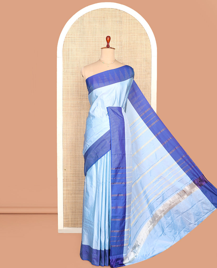 Blue Aarani Silk Saree, Dazzled with Stripes on Its Body, Complemented by a Contrast Temple Border, Pallu of Stripes, and Paired with a Matching Blouse