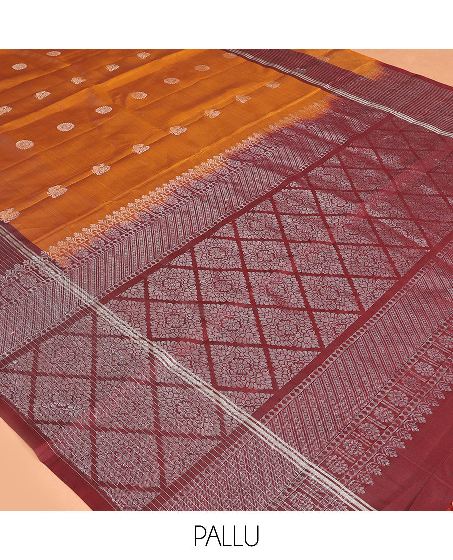 Orange Mayuri Lite Silk Mix Saree, Graced with Mayil and Chakram Zari Buttas, Complemented By Contrast Striped Border of Mayil Design, an Intricate Pallu, and a Contrast Blouse