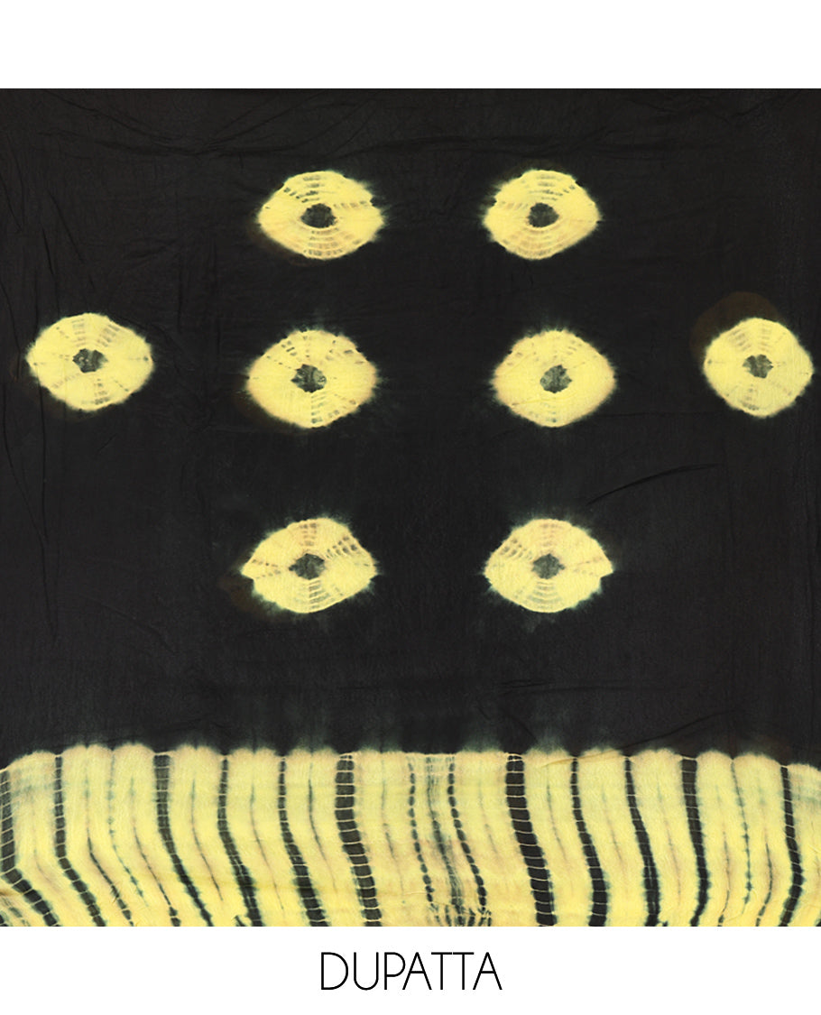 Black and Yellow Material Chudidar Set , Elevated with Shibori Printed Viscose Georgette Top, a Contrast Plain Bottom, Paired with Shibori Printed Dupatta