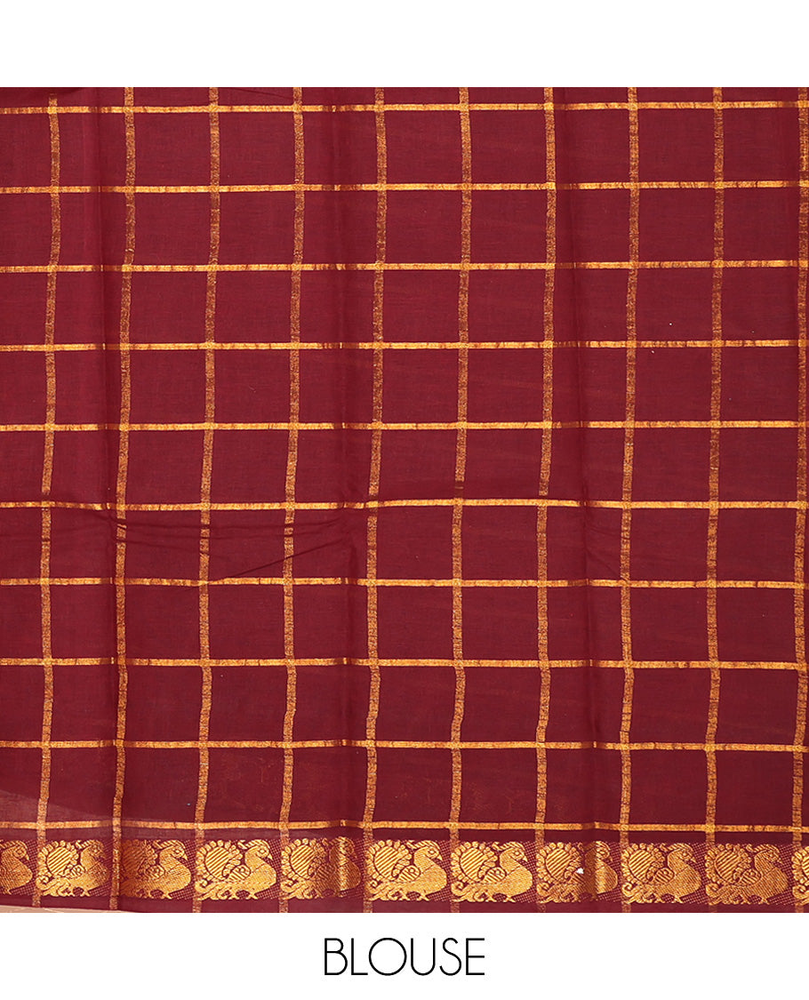 Black Sungudi Cotton Saree, Beautified with Zari Checks on Its Body, Complemented by a Contrast Peacock Motifs Woven Zari Border, Zari-Checked Pallu, and Paired with a Contrast Blouse